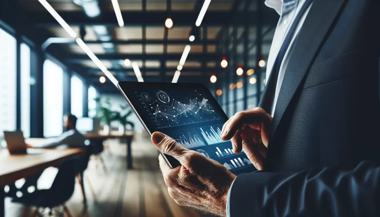 Mãos de empreendedor analisando gráficos de mercado em tablet, ambiente de co-working moderno, transmitindo inovação e estratégia