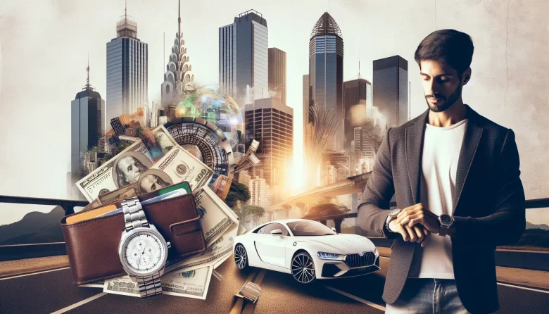 Pessoa em ambiente urbano brasileiro, com elementos de luxo acessível e inteligência financeira, símbolo de inteligência-financeira-luxo