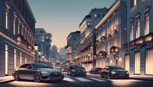 Cena urbana de luxo com carros de alta gama e fachadas elegantes, representando bens-de-luxo-investimentos ao entardecer
