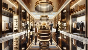 Cena de bens de luxo em shopping exclusivo, com pessoas experimentando produtos de alto padrão em uma vitrine elegante com detalhes em ouro e vidro